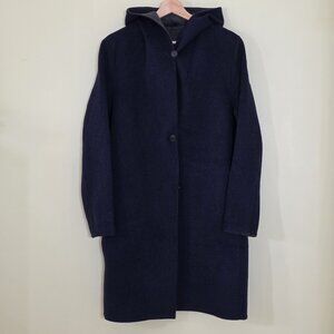 Uniqlo Wool Blend Coat Women S Navy Unlined Oversized Buttons LS Hood Clean Edgy
